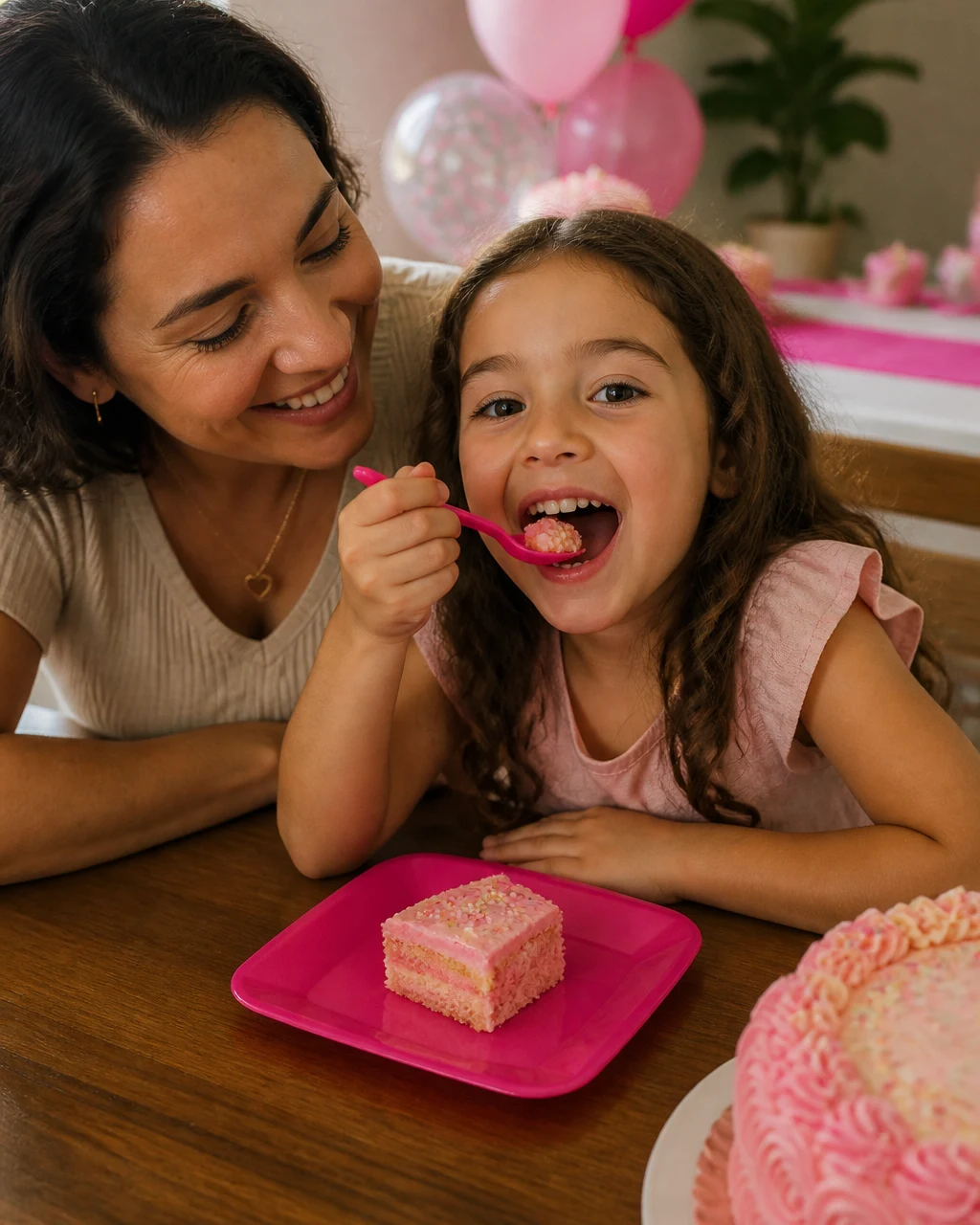 Mãe e filha comemorando um aniversário em casa; a menina come bolo em um prato quadrado rosa com colher rosa Clean Wave