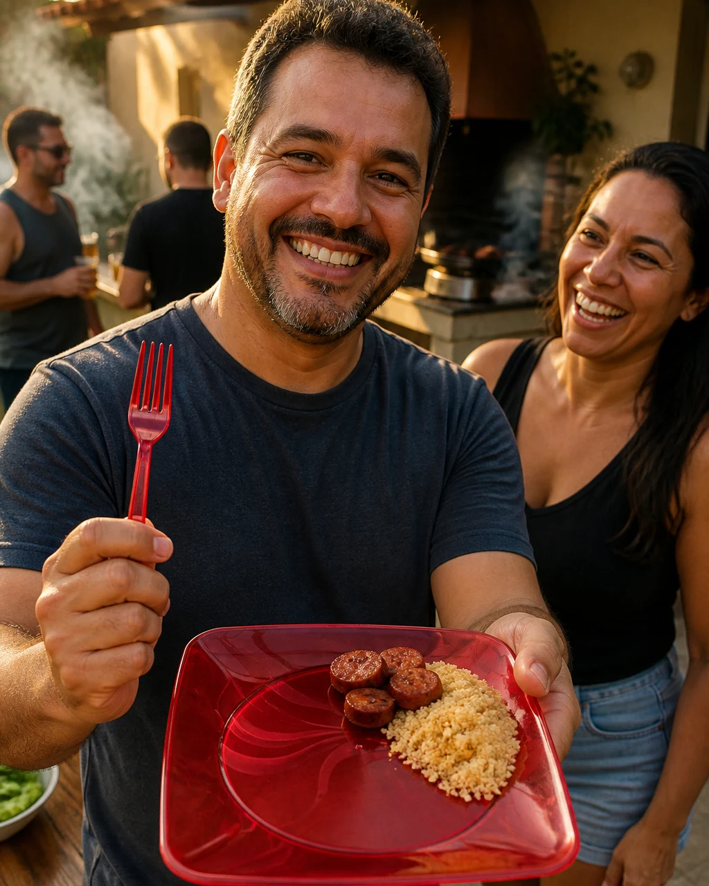 Homem sorridente segura um prato quadrado vermelho translúcido com linguiça e farofa e um garfo vermelho Clean Wave em um churrasco com amigos