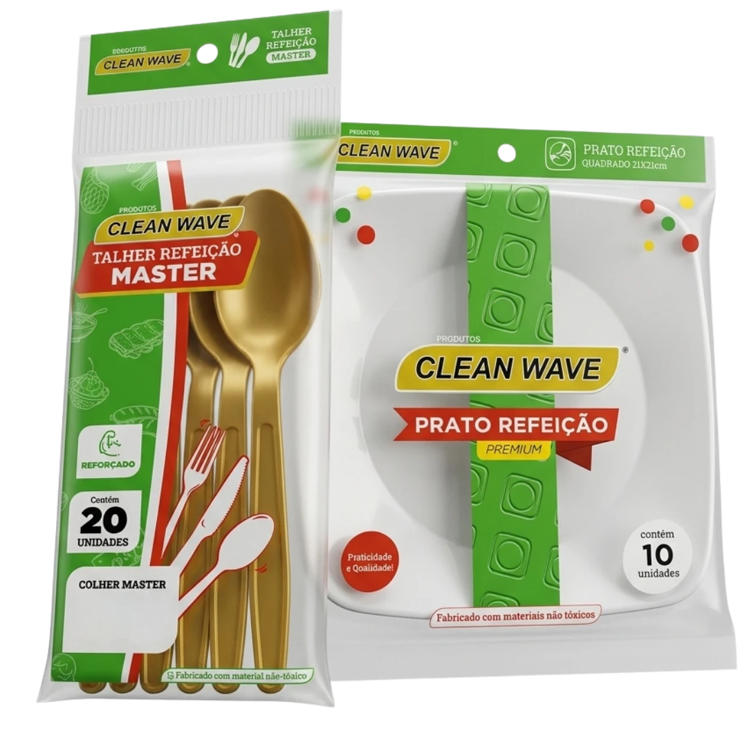 Embalagens de talheres refeição Master e prato premium Clean Wave