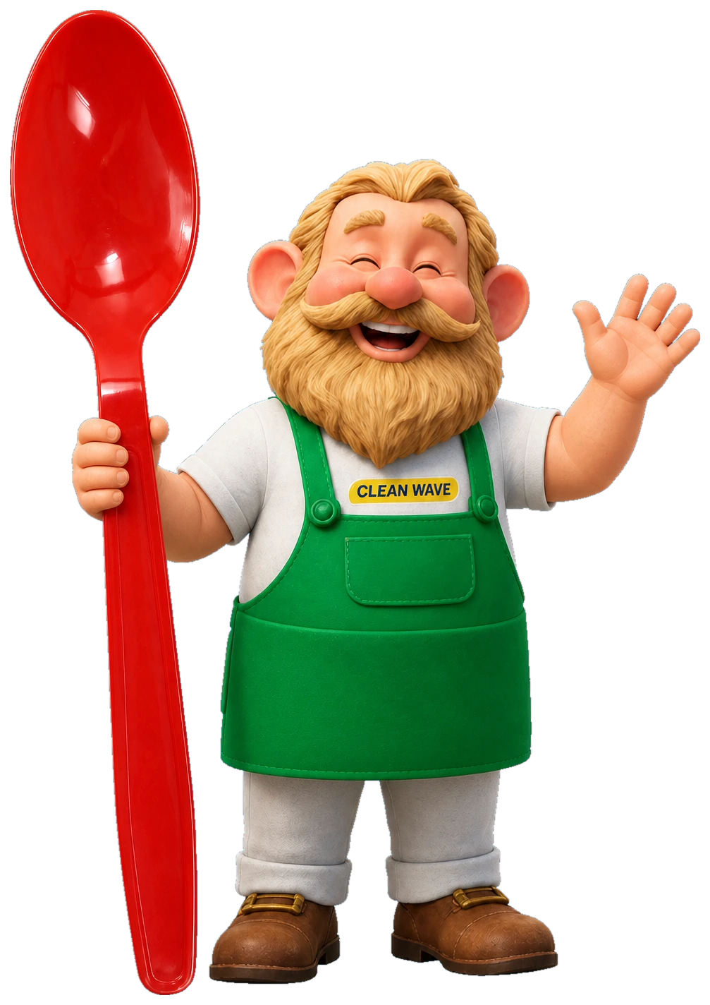 Mascote da Clean Wave, um simpático homem barbudo de avental verde com o logo Clean Wave no peito, acenando e segurando uma colher Clean Wave vermelha gigante